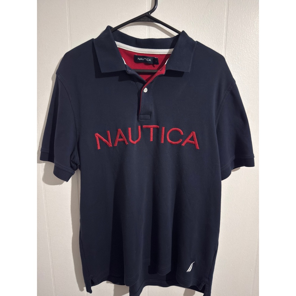 Nautica Mens Navy Blue Red Embroidered Logo Short Sleeve Polo Shirt Large